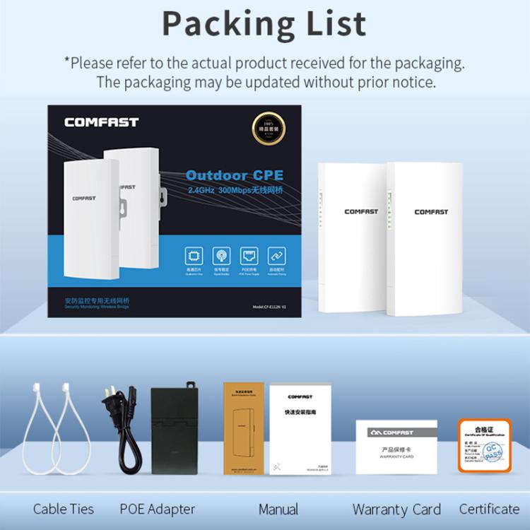 COMFAST CF-E112N V2 2.4GHz 300Mbps 9dBi Monitoring Bridge Set, AU Plug, EU Plug, US Plug, UK Plug COMFAST CF-E112N V2 2.4GHz 300Mbps 9dBi Monitoring Bridge Set, AU Plug, EU Plug, US Plug, UK Plug